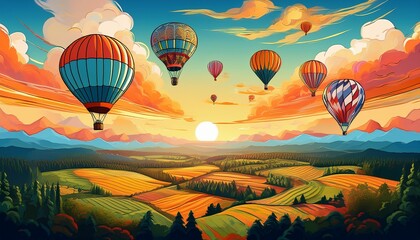 Obraz premium A vibrant hot air balloon festival floats over a patchwork landscape of fields and forests at dawn, with warm sunrise light and colorful balloons filling the sky.