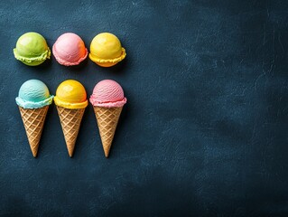 Four colorful ice cream scoops balanced on waffle cones against a deep blue backdrop for modern minimalist frozen dessert photography with vibrant gourmet presentation