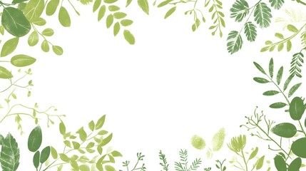 Green leaves and foliage frame a white empty space