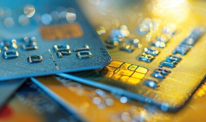 macro shot black gold credit cards abstract place on table bokeh light.