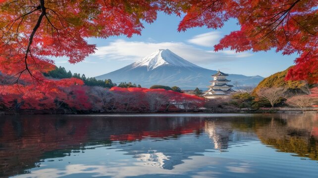 Fuji mountn in autumn and its reflection on the water mt fuji and castle is landmark of japan