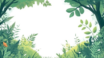 Illustrated depiction of lush green foliage framing a white background space