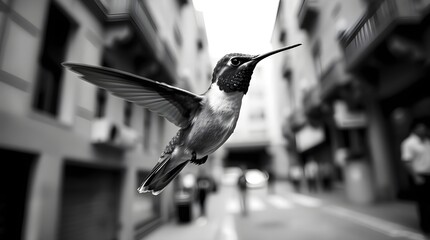 A monochrome hummingbird silhouette against a soft, blurred background.
