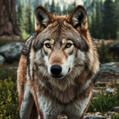 Closeup portrt of a majestic wolf with piercing eyes and detled fur in a forest setting 