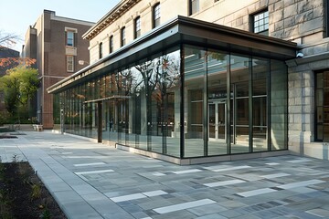 &bull;	A contemporary government office with a clean glass exterior, complemented by traditional brick and stone elements that provide a classic yet modern appearance