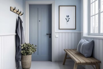 Fototapeta premium The wooden bench and coat rack enhance the farmhouse aesthetic.