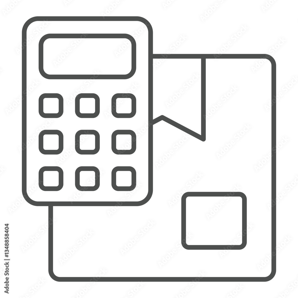 Poster parcel box with calculator thin line icon, delivery service concept. vector graphics. cardboard box 