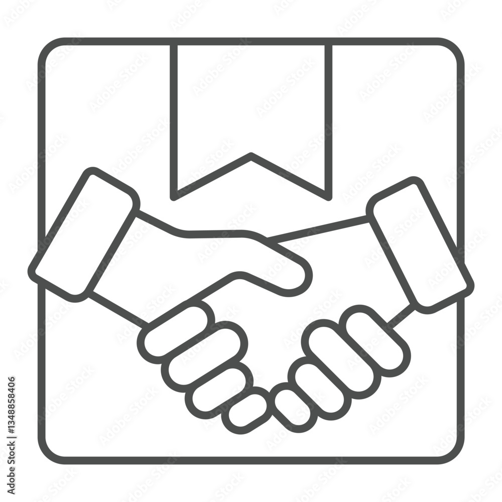 Poster handshake with product box thin line icon, shipping concept. vector graphics. delivery service deal 
