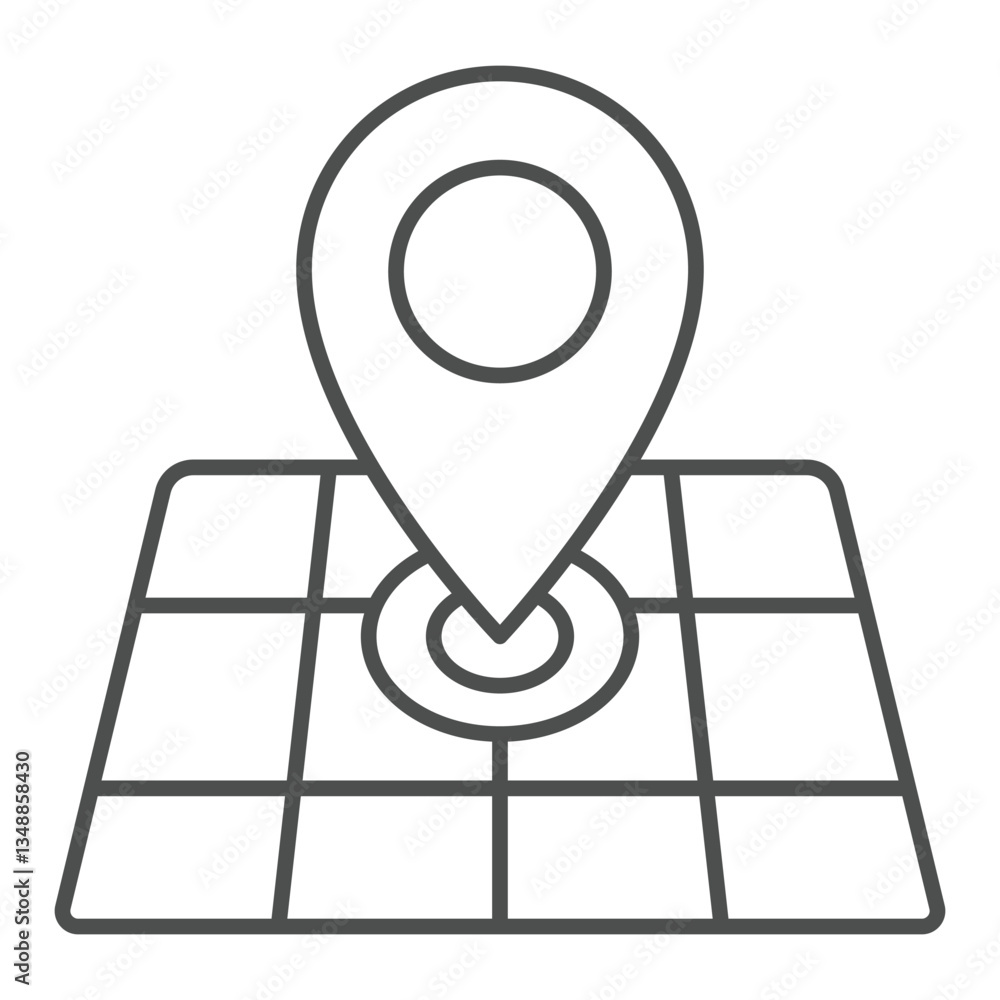 Poster location pin on geo map thin line icon, delivery service concept. vector graphics. grid map with pos