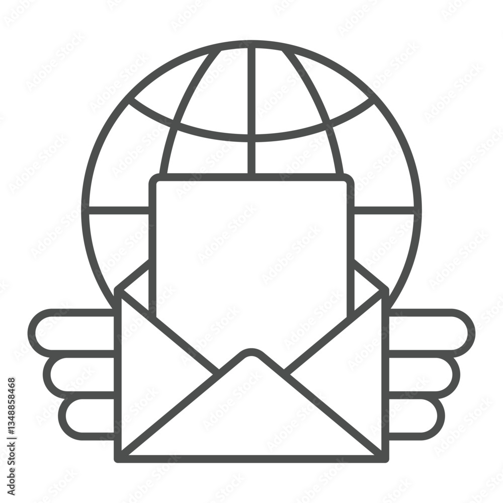 Poster globe with mail letter thin line icon, postage delivery concept. vector graphics. mail envelope ange