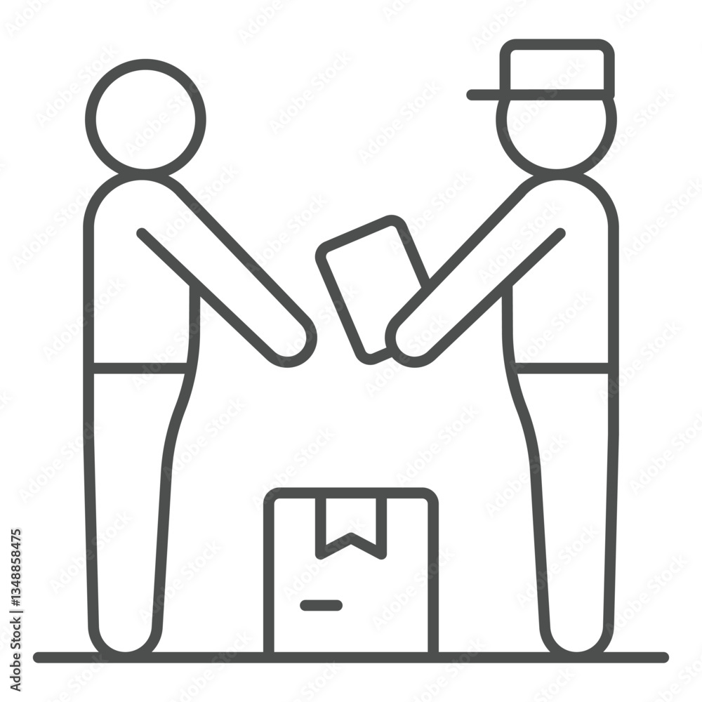 Poster postman with recipient box thin line icon, postage delivery concept. vector graphics. courier man wi