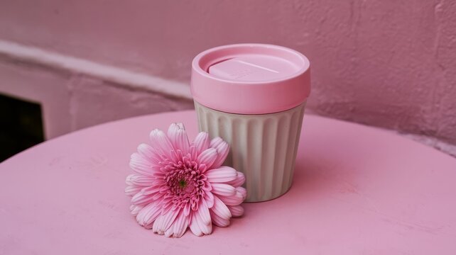 A pink cup with a pink top sits on a table with a pink flower on it