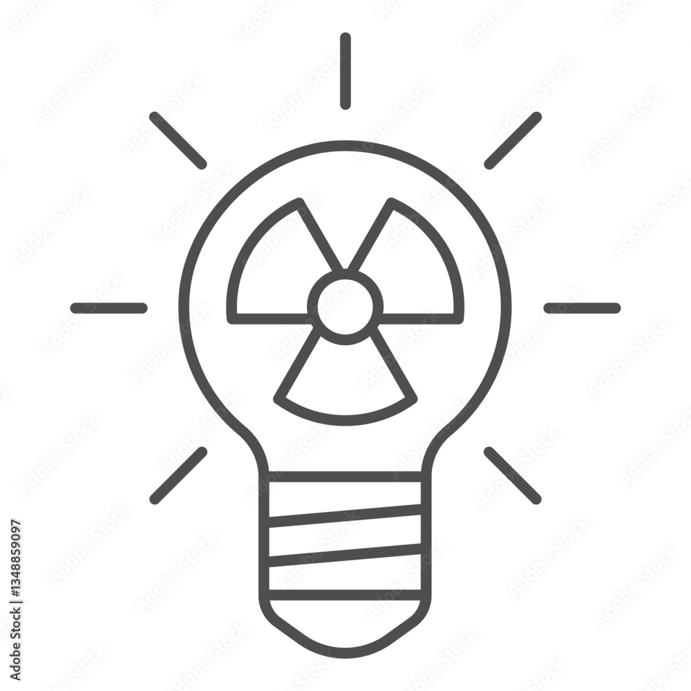 Poster lightbulb with radiation thin line icon, atomic energy concept. vector graphics. shiny light bulb la