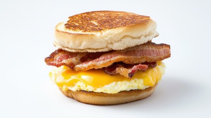 Delicious breakfast sandwich with crispy bacon, egg, and melted cheese on a toasted muffin.