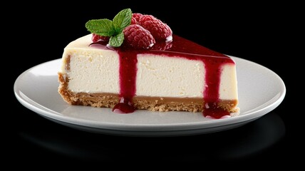 Delicious cheesecake slice with raspberry sauce and garnish, served on white plate against black background.