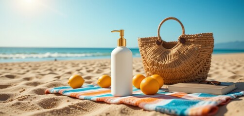 mockup white bottle for oil, cream, sunscrene on the sand beach hot summer day