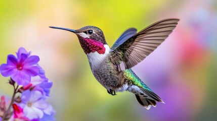 Fototapeta premium Vibrant Hummingbird in Flight Near Purple Flowers