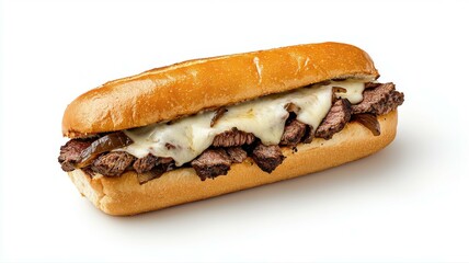 Delicious Philly cheesesteak sandwich with grilled steak and melted cheese on a crusty hoagie roll, isolated on white.