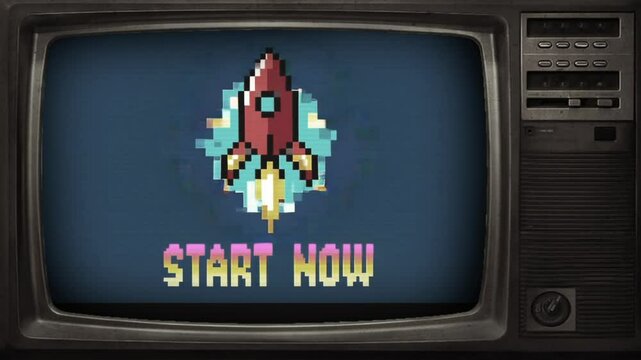 Retro pixel rocket launching with Start Now text, 80s game screen animation