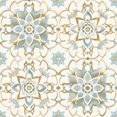 Elegant floral tile design showcasing intricate seamless patterns in soft blue and gold shades set against a neutral background
