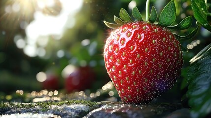 Close-up of a fresh, dewy strawberry on a stone surface with sunlight filtering through leaves