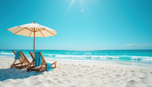A serene beach scene featuring two lounge chairs with blue towels under a white umbrella, set against turquoise waters and a clear blue sky.