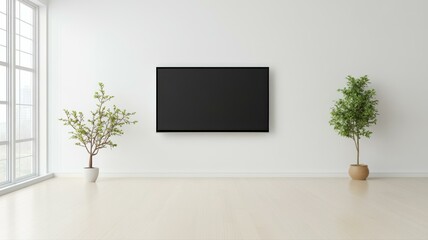 Minimalist living room with flat screen TV and two plants, bright and spacious interior design.