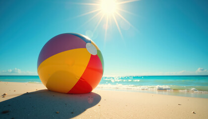 Obraz premium A colorful beach ball sits on a sandy shore under a clear blue sky with the sun shining brightly.
