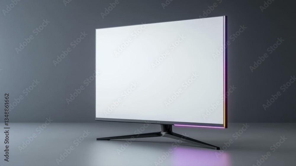 Poster modern flat screen monitor with minimalist design on a sleek stand in a neutral setting.
