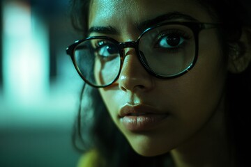 Fototapeta premium cinematic still young latin american women with dark eyelashes and glasses