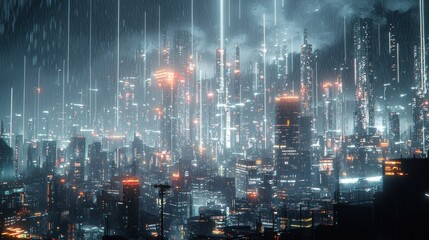 Obraz premium Cyberpunk Cityscape: Rain-Soaked Metropolis