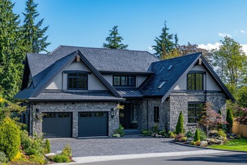 Naklejka premium A large, two-story house with an exterior of light grey stone and black trim