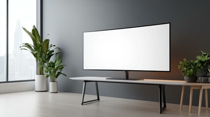 Modern minimalist living room with large TV, plants, and natural light