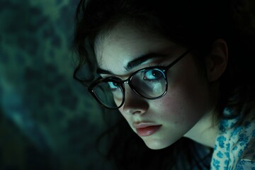 Fototapeta premium cinematic still young irish american women with dark eyelashes and glasses