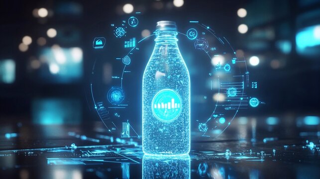 Digital bottle of water with holographic data visualization in modern urban setting during nighttime