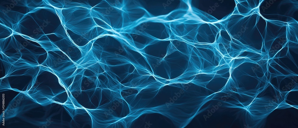 Poster a mesmerizing abstract image depicting flowing blue lines resembling waves or neural connections aga