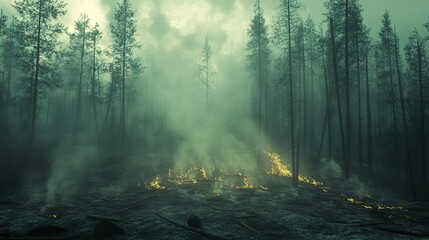 Obraz premium A forest fire burns with smoke and ominous green haze present