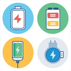 Battery Icon Set with Charging, Lightning Bolt, Plug, and Power Indicators

