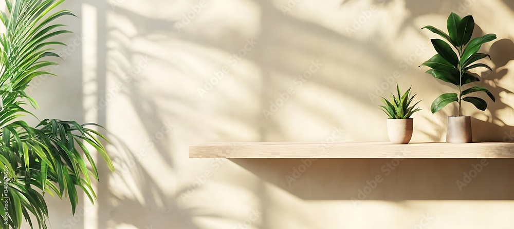 Poster a modern floating wall shelf positioned on the right with a blurred home décor background and plenty