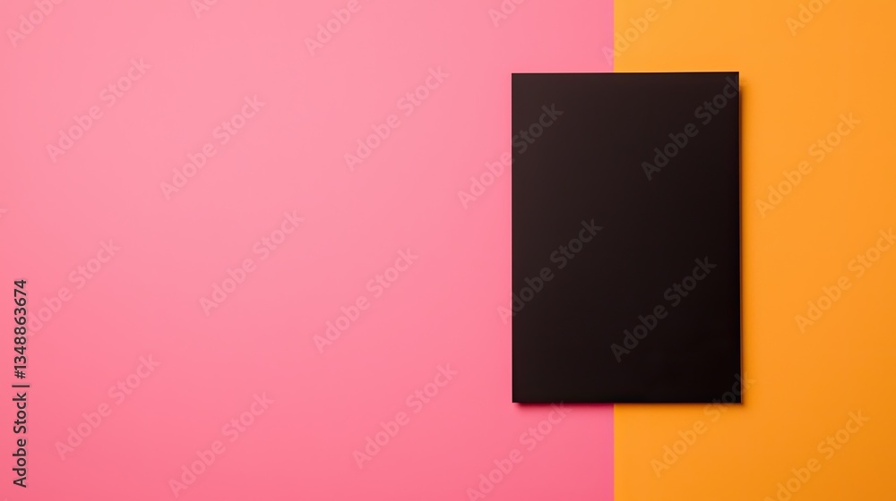 Poster a minimalist image featuring a black canvas positioned between vibrant pink and orange backgrounds, 