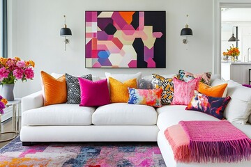 Bright and cozy living room with a modern white sofa adorned with colorful cushions and throw blankets. Vibrant flowers and geometric wall art complete the lively, welcoming atmosphere