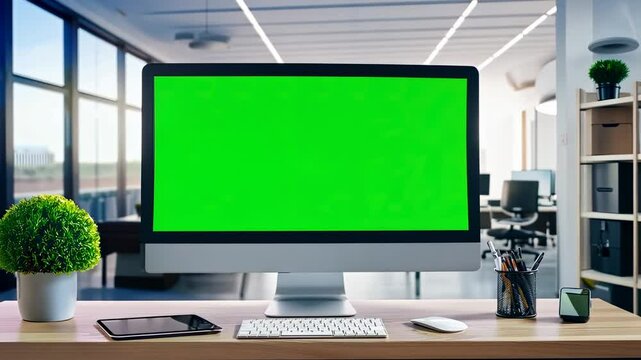 Green screen desktop computer showing marketing presentation in modern office, perfect for showcasing your website or app.