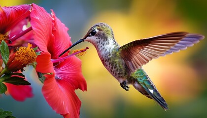 Fototapeta premium Hummingbird Feeding on Vibrant Red Hibiscus Flower in a Colorful Garden During Daylight Hours