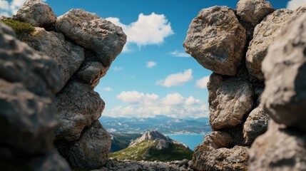 A stunning view of mountains framed by rugged rocks under a bright blue sky with fluffy clouds, showcasing the beauty of nature.