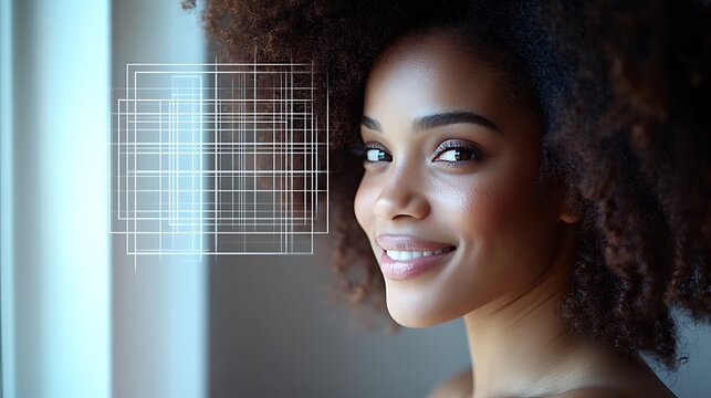 Smiling woman with facial recognition scan overlay.