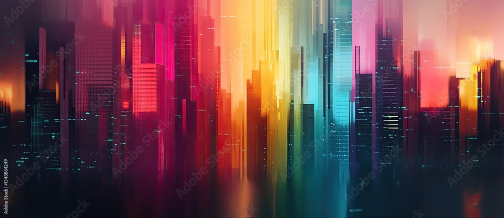 Poster a vibrant city skyline with colorful lights and abstract structures, blending futuristic elements an