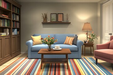 A light blue sofa with a grey throw and white pillows is placed next to an armchair on the left side, against a wooden bookcase