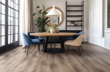 Fototapeta premium A Scandinavian-style dining room with wooden paneling, white walls, and a round table in the center, surrounded by four chairs