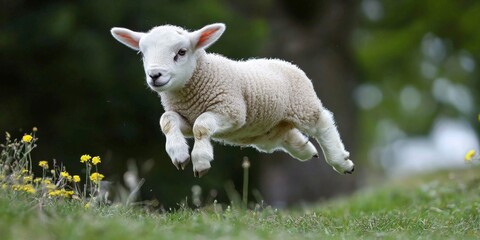 Obraz premium A charming little lamb hops around in nature.