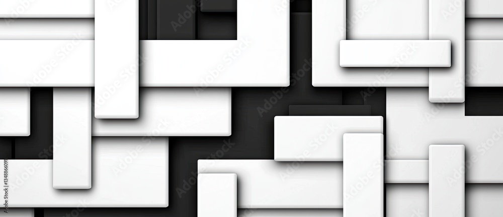 Poster a modern abstract design featuring interlocking white and black shapes, creating a textured, layered